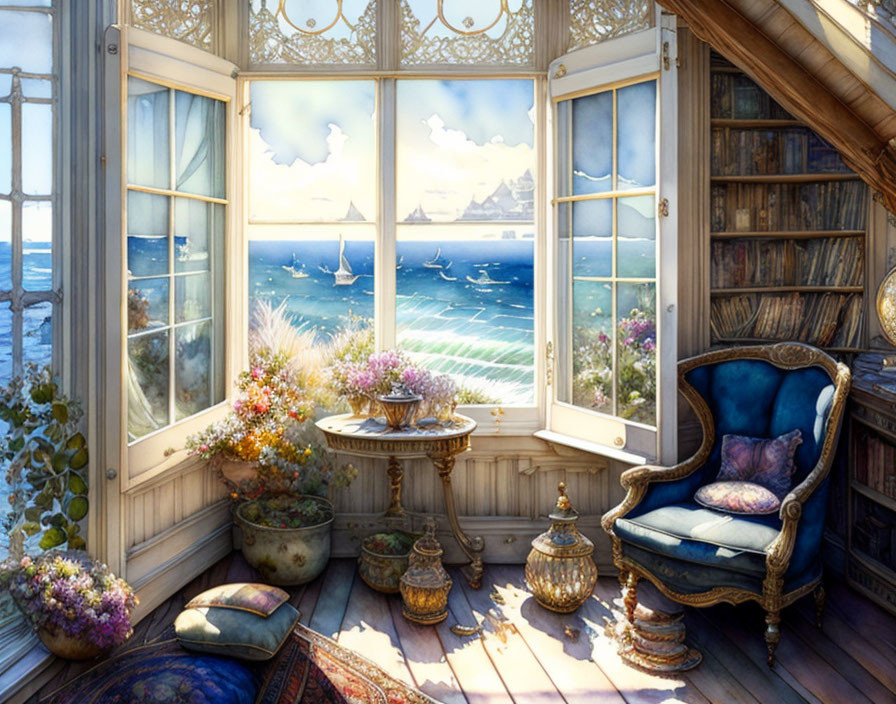 Seaside reading nook with plush chair, bookshelves, ocean view