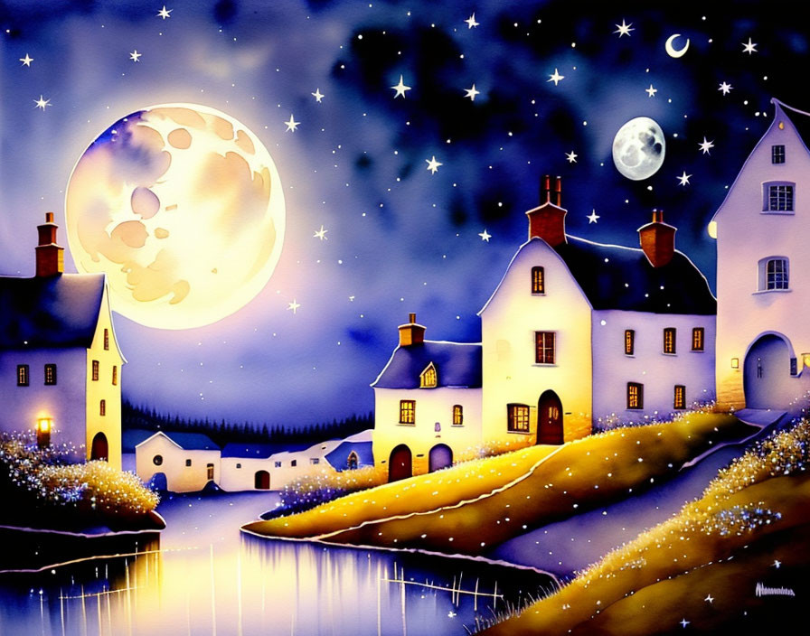 Whimsical illuminated night scene with moon, stars, and colorful atmosphere