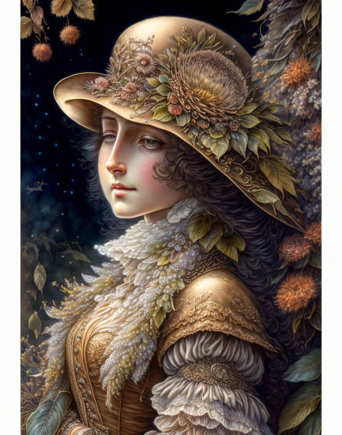 Detailed digital portrait of woman with decorated hat and ruffled collar in floral backdrop