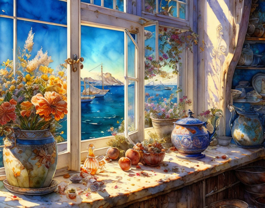 Colorful seaside window scene with flowers, pottery, and garlic overlooking serene harbor.