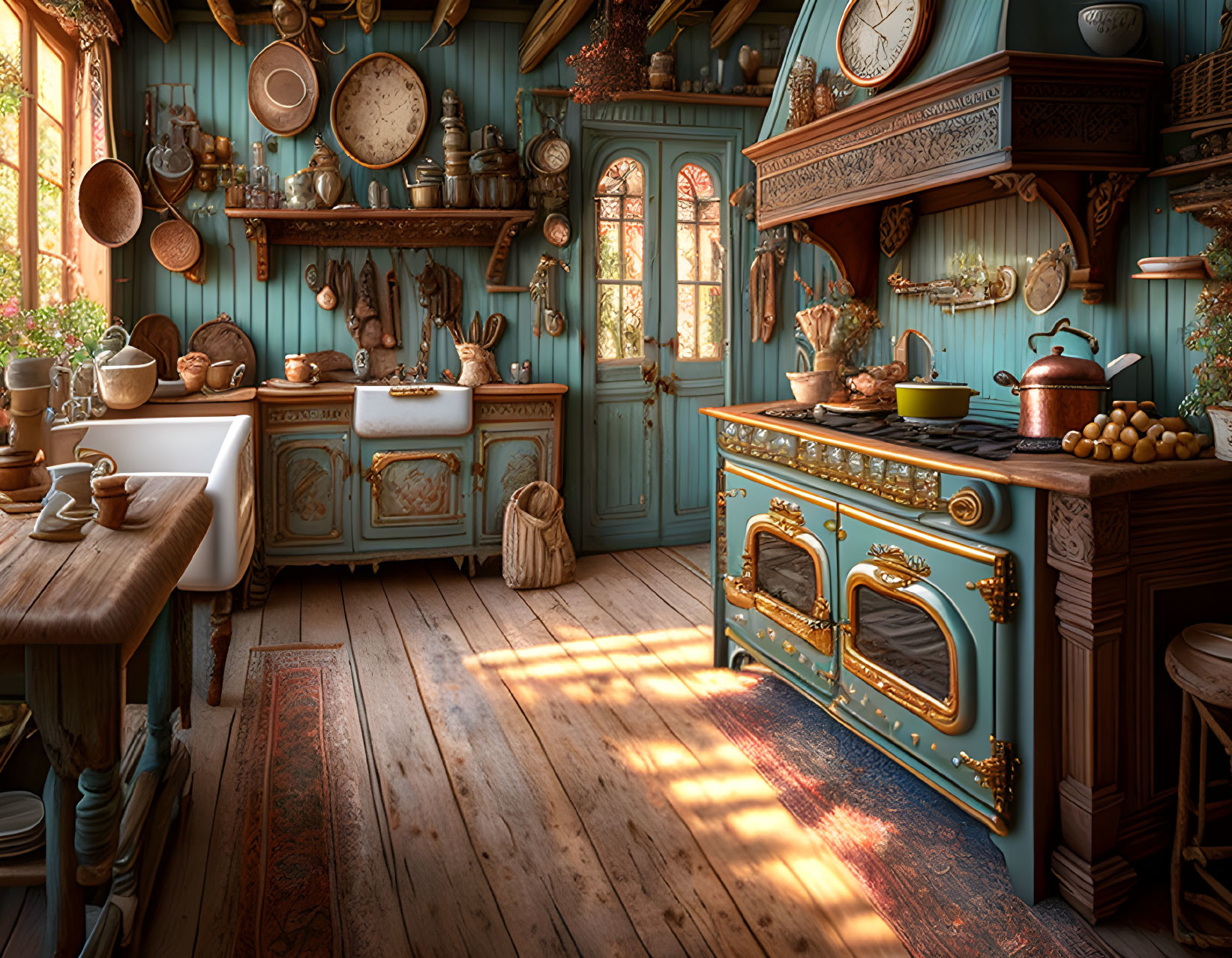 Vintage kitchen with blue antique stove & wooden furniture