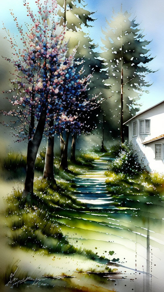 Serene watercolor painting of blossoming trees and a house in soft light