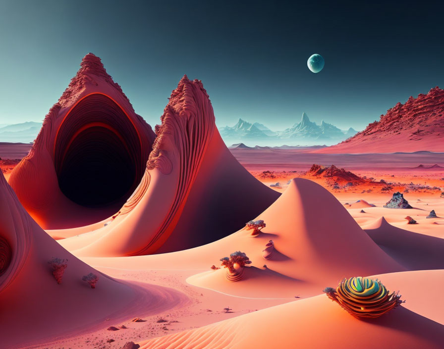 Twisted red-orange sand formations in surreal desert landscape