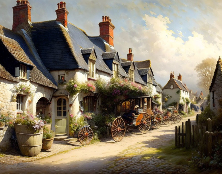 Charming vintage village street with thatched-roof cottages and horse-drawn carriage