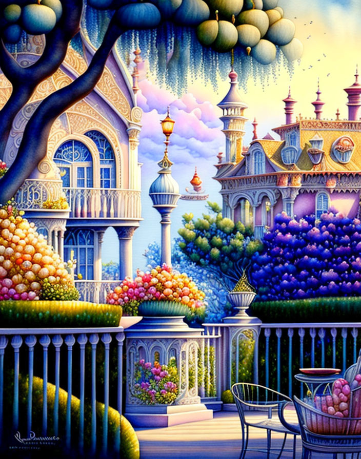 Whimsical fairytale architecture with colorful gardens