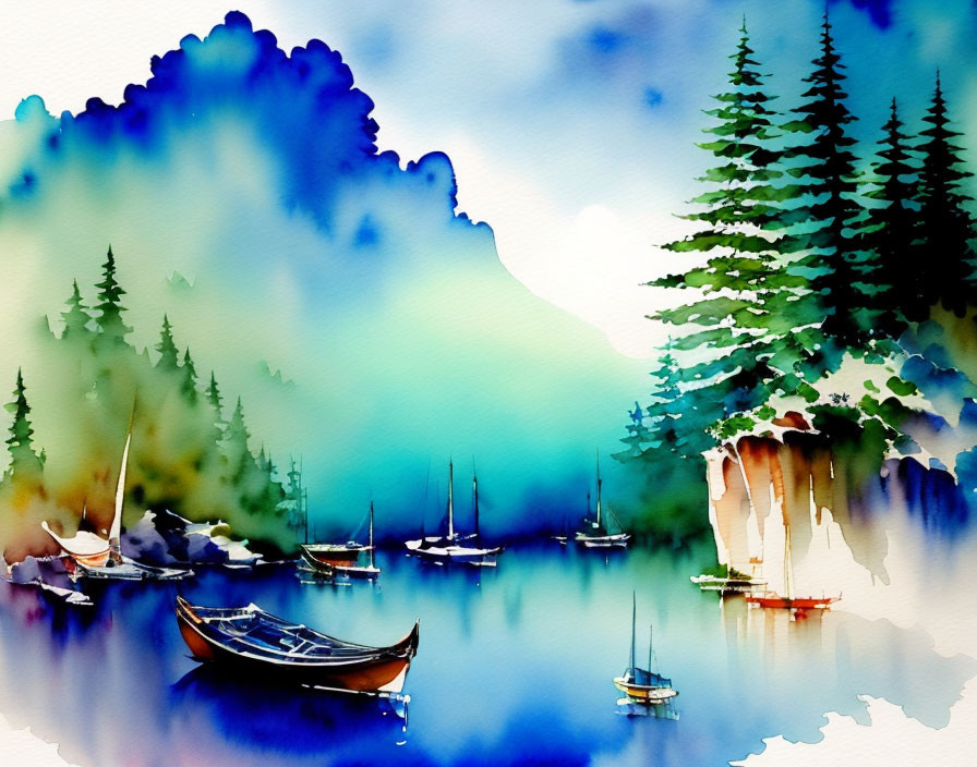 Boats on calm water with pine trees and misty mountains