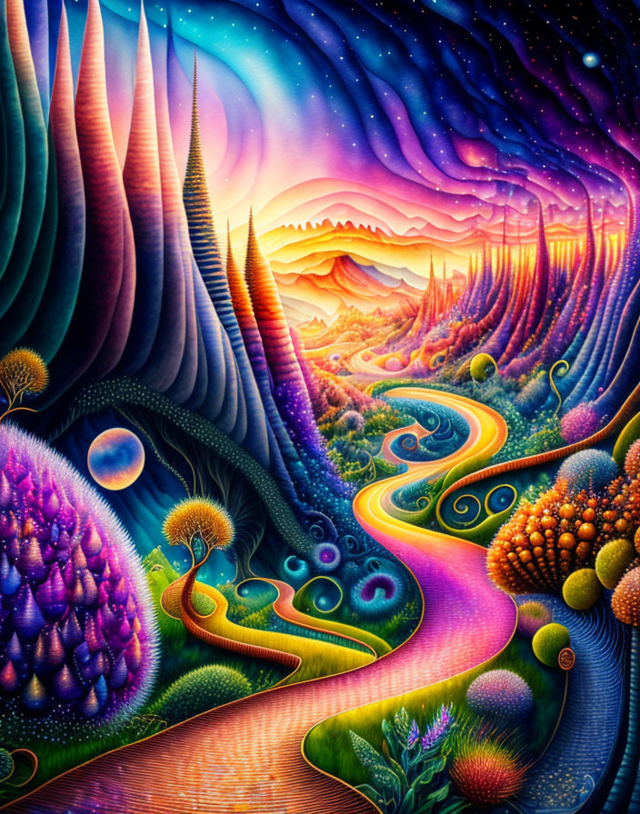 Colorful Fantasy Landscape with Twisting Paths and Starlit Mountains