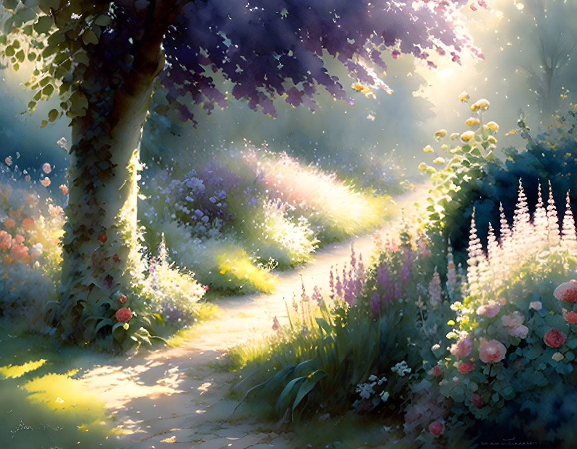 Tranquil garden path with dappled sunlight and colorful flowers