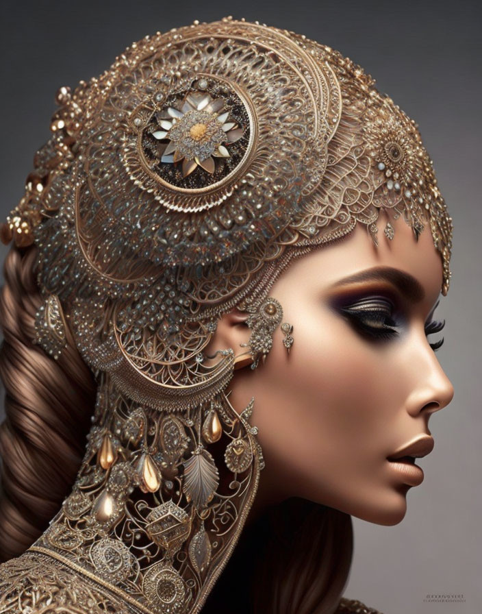 Elaborate gold headpiece and earrings on woman's profile portrait