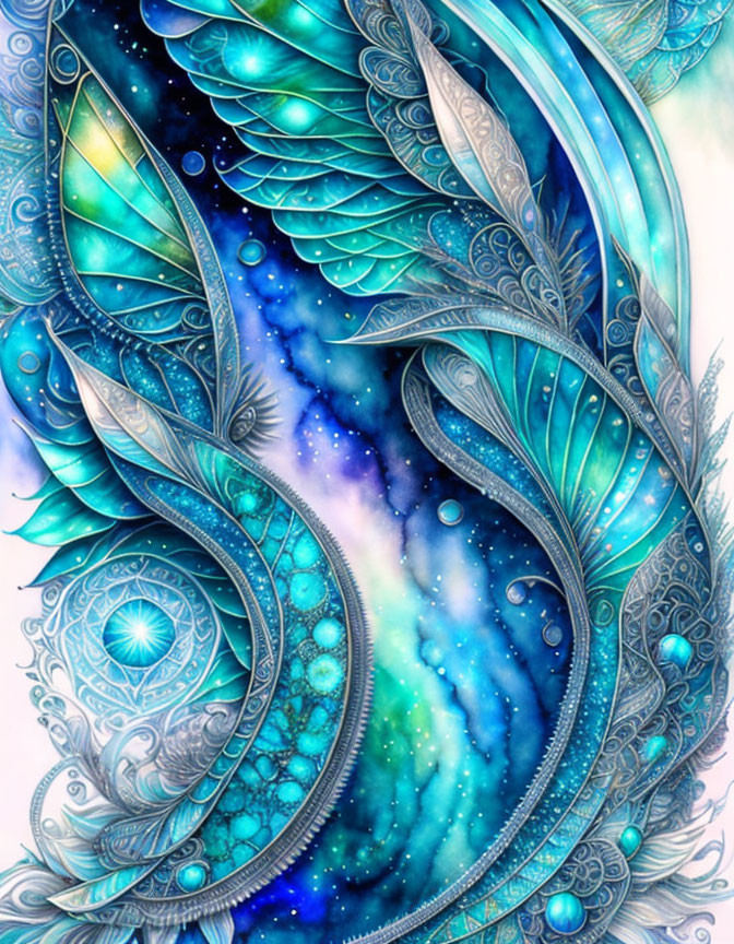 Celestial-themed artwork with ornate feathers in blue hues