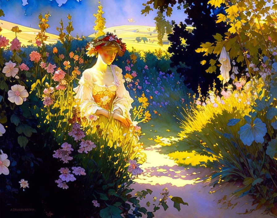 Woman in vintage dress sitting in sunlit meadow with flowers and grasses