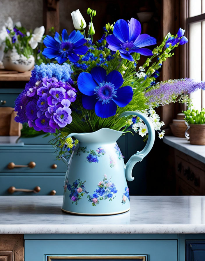 Colorful Blue and Purple Flower Bouquet in White Jug on Teal Kitchen Counter