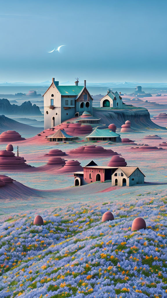 Whimsical architecture in surreal landscape with purple flowers and two moons