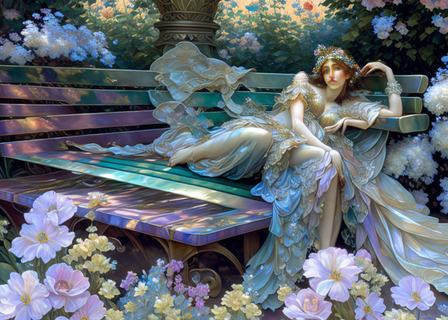 Tranquil fairy resting on wooden bench among blooming flowers