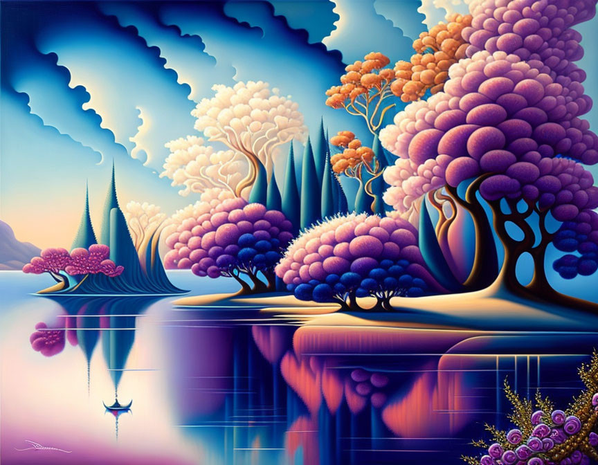 Vibrantly colored trees and tranquil water in surreal landscape