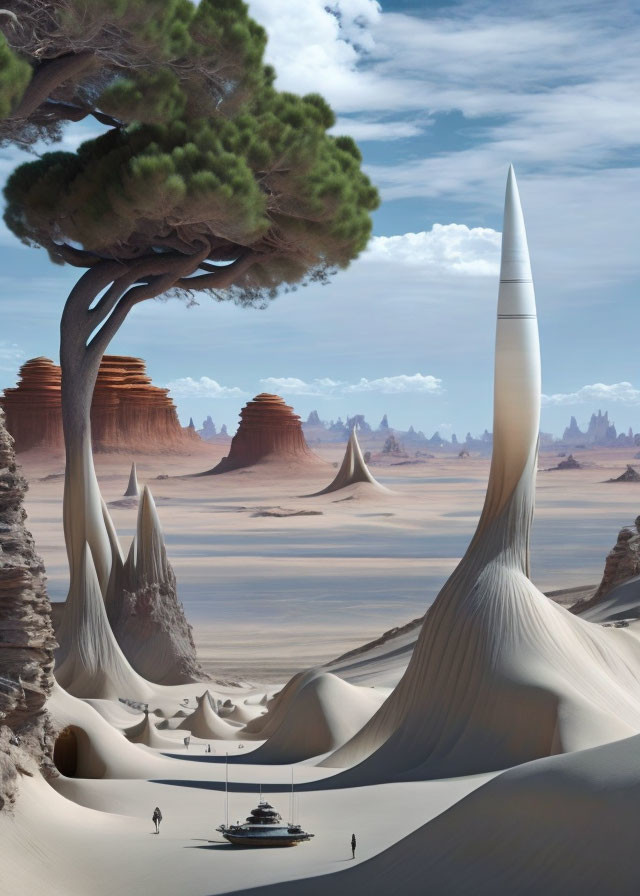 Futuristic desert landscape with spire-like formations and large tree