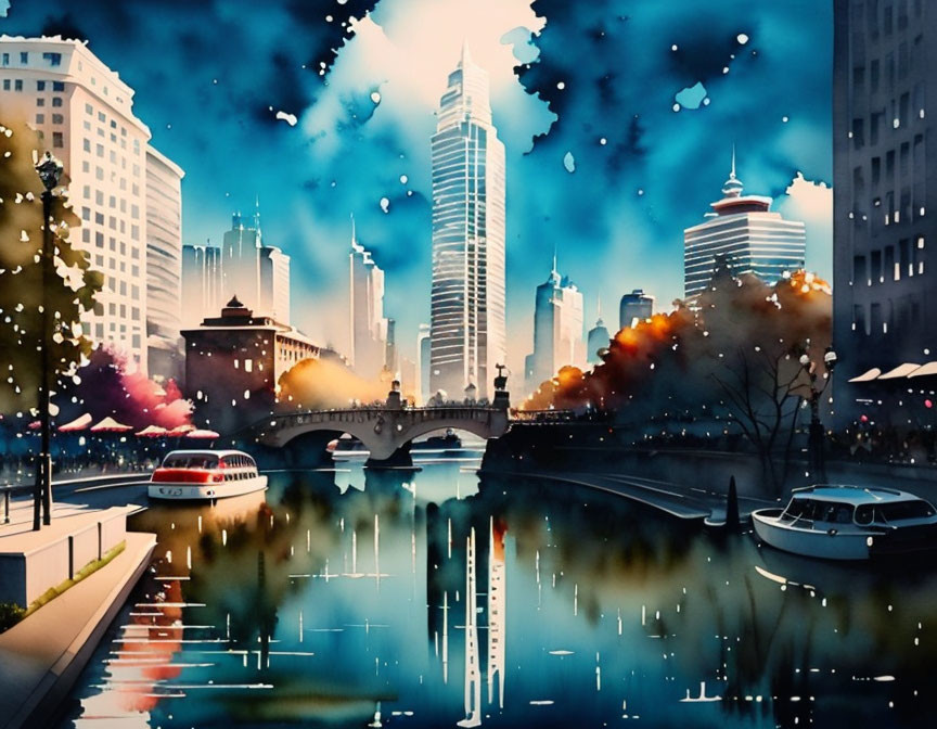 Cityscape watercolor painting: illuminated skyscrapers, bridge, boats, and river reflections.