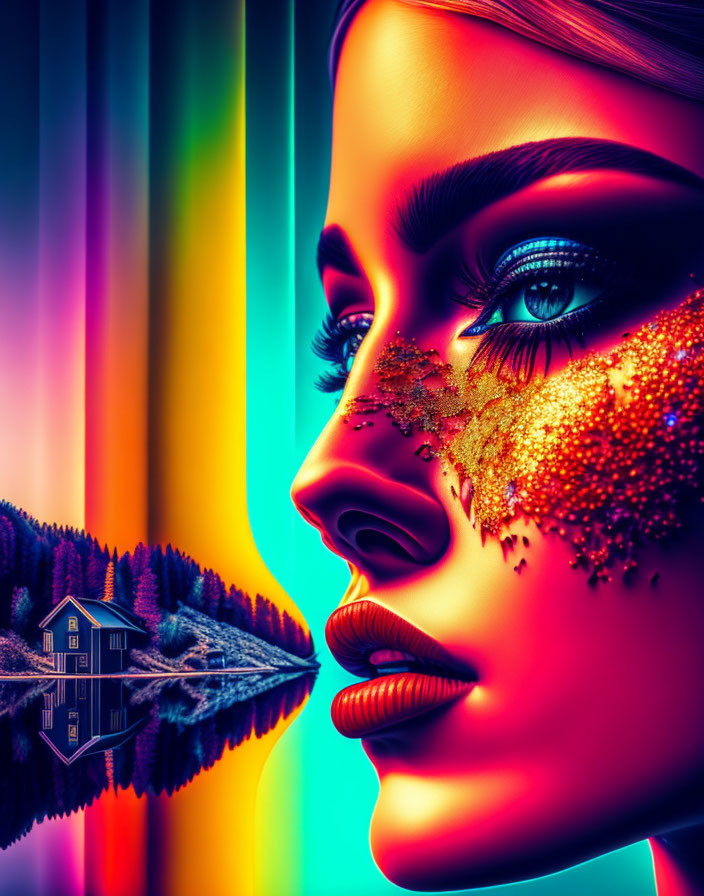 Colorful digital artwork of woman's face with glitter makeup and small house reflection, neon stripes background