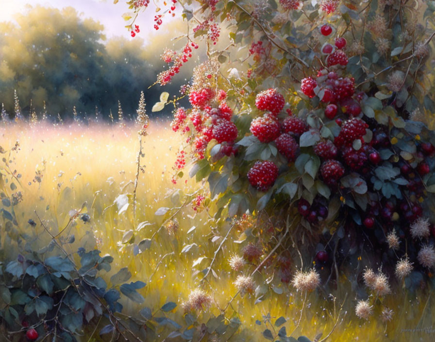 Lush Green Meadow with Red Berries in Golden Sunlight