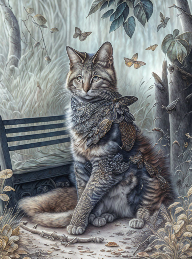 Steampunk-themed tabby cat digital art with butterflies and wooden bench