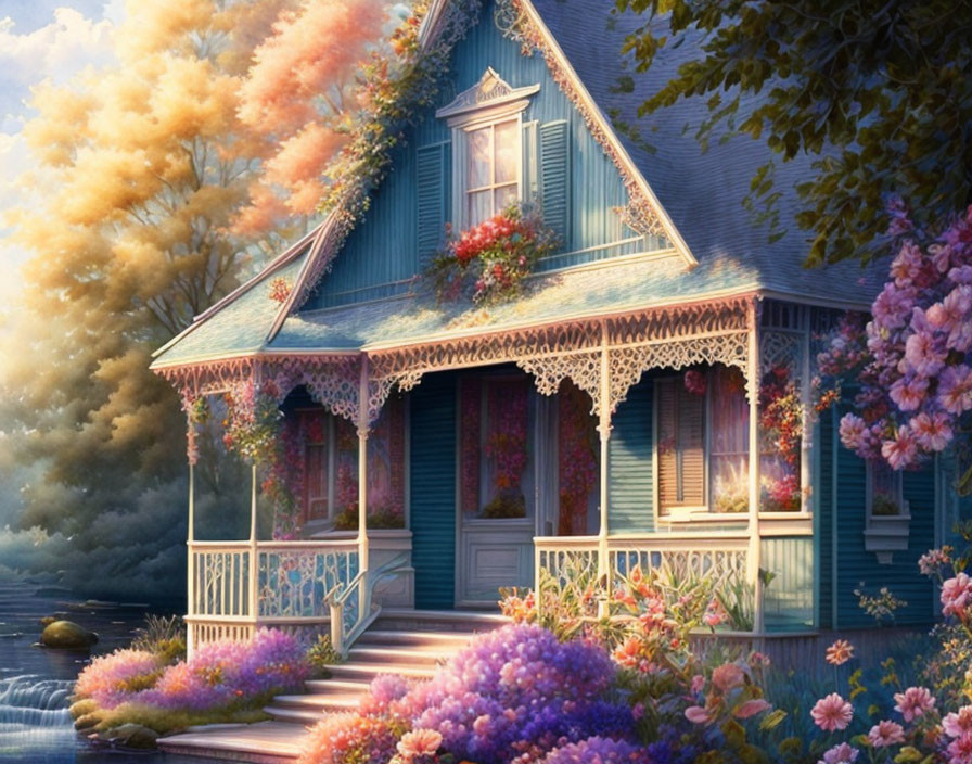 Blue cottage with white trim amidst colorful flowers under a pastel sky