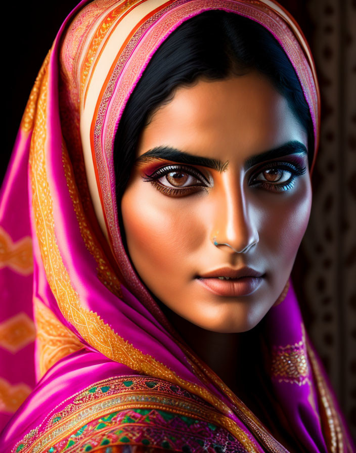 Striking-eyed woman in vibrant pink headscarf with gold accents.