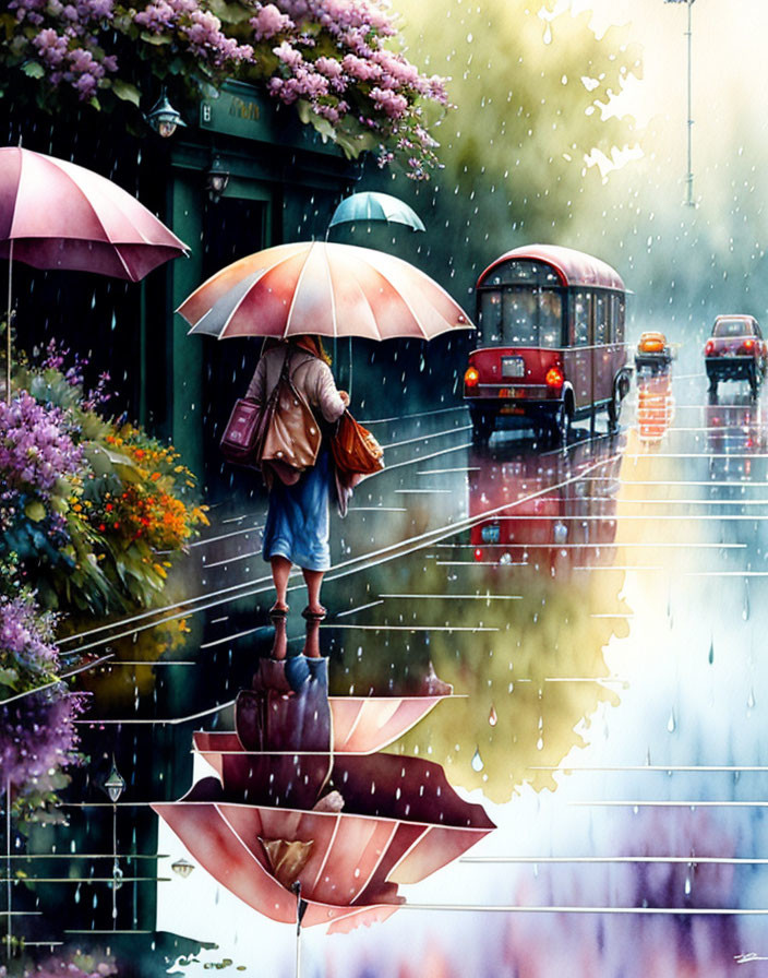 Colorful rainy cityscape with person holding umbrella on wet street
