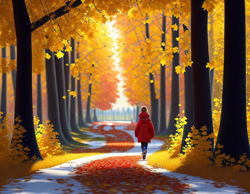 Child in red coat walking among golden autumn trees on serene path