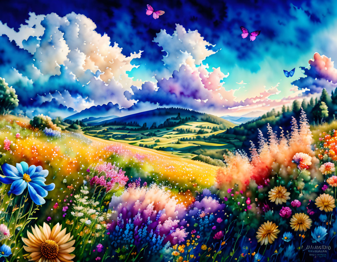 Colorful Landscape with Flower-Filled Foreground and Rolling Hills