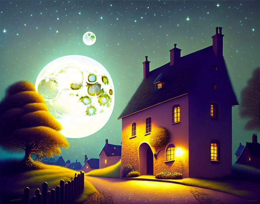 Detailed Moonlit Night Scene with Glowing House and Illuminated Path