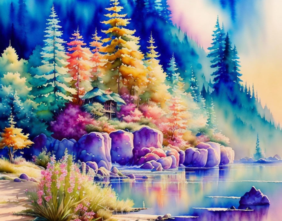 Vibrant watercolor painting of lakeside cabin in autumn.