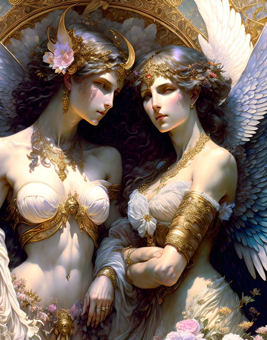 Angel figures with ornate wings and golden attire in a floral, ethereal setting