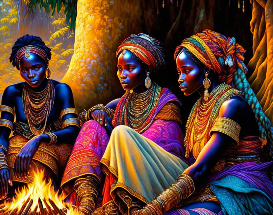 Three women in traditional African attire by a nocturnal forest fire