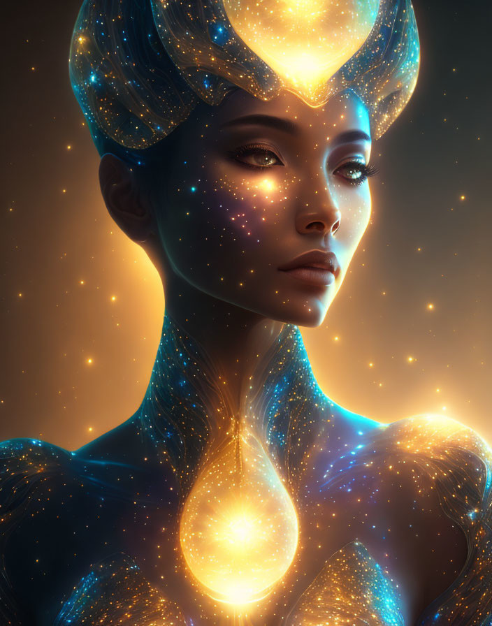 Cosmic-themed digital art illustration of a woman with galaxy pattern and starry headdress