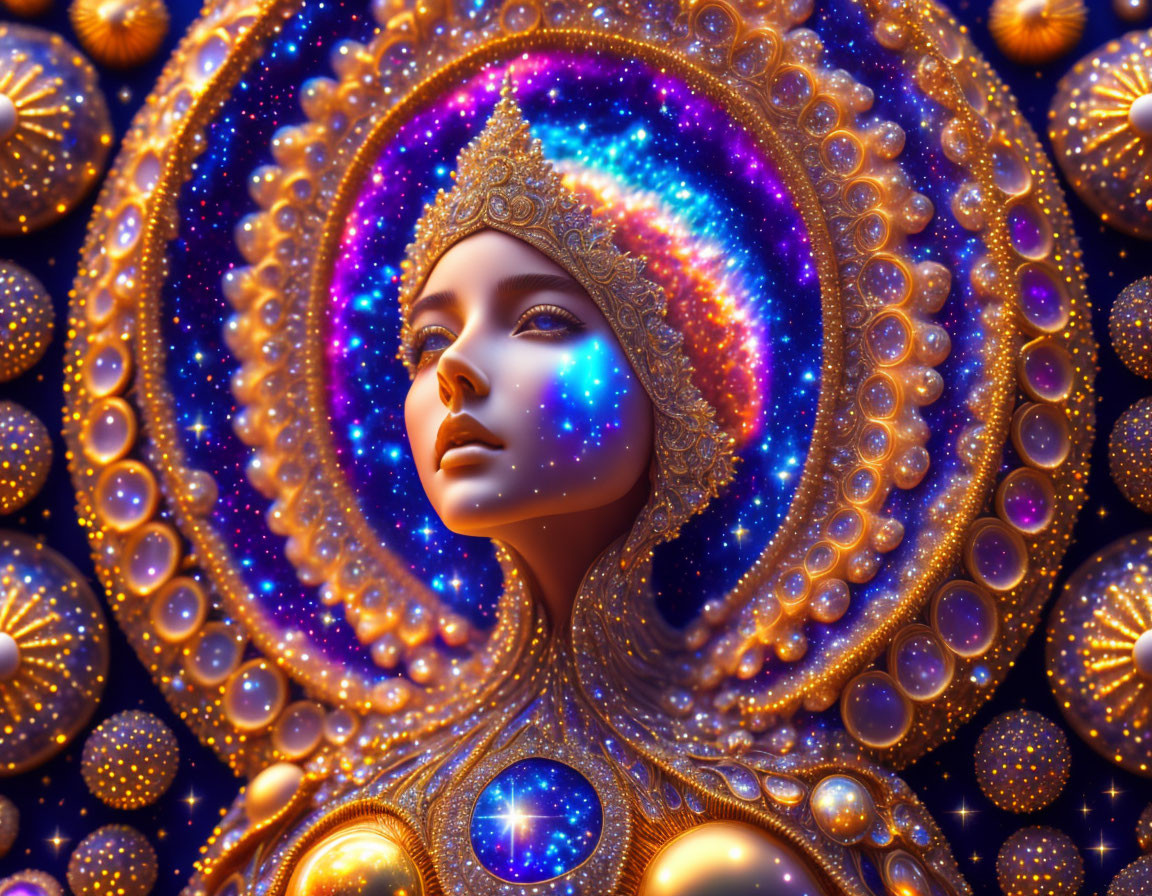 Digital artwork of woman with starry complexion and celestial headdress in cosmic theme.