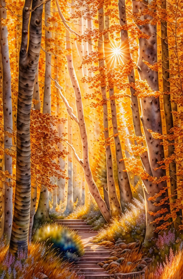 Golden-leaved trees on vibrant autumn forest path with sunbeams.