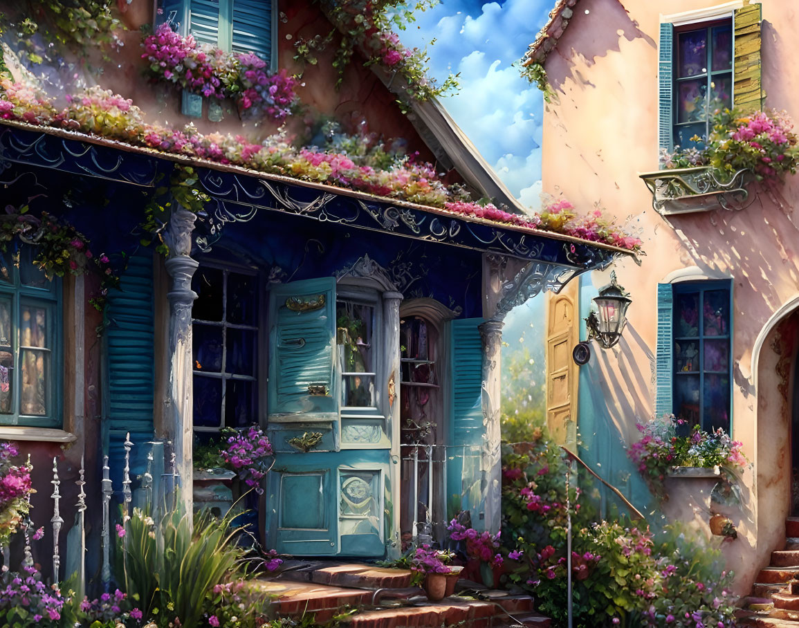 Blue and pink cottage with lush purple flowers under sunny sky