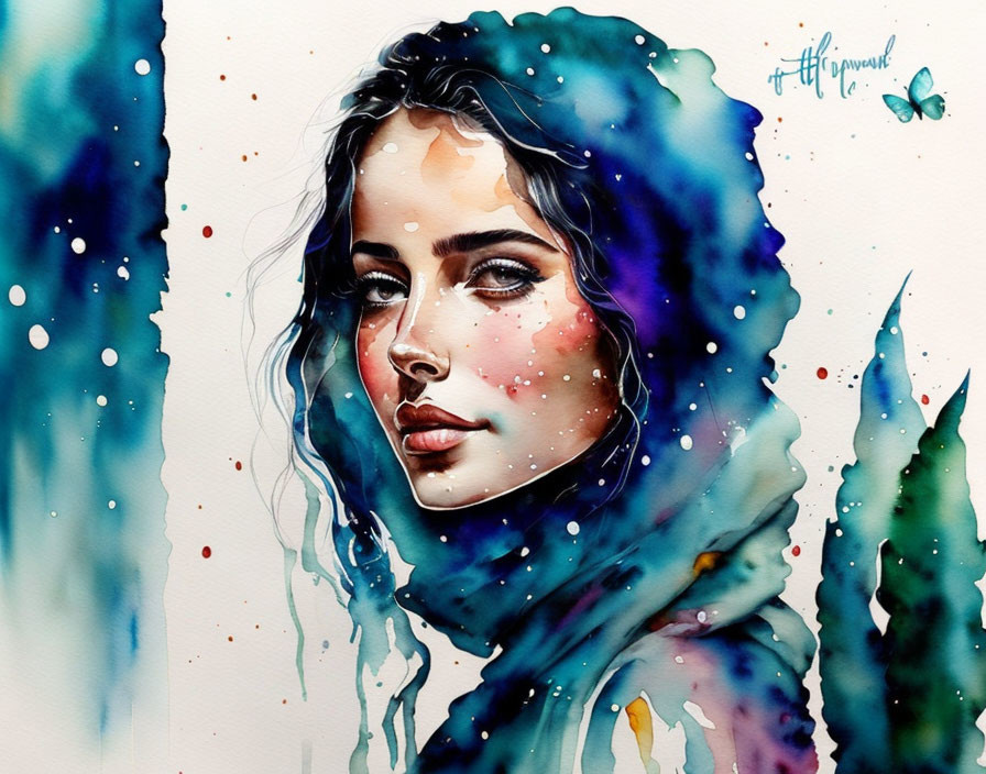 Vibrant watercolor painting of a serene woman in blue, red, and green