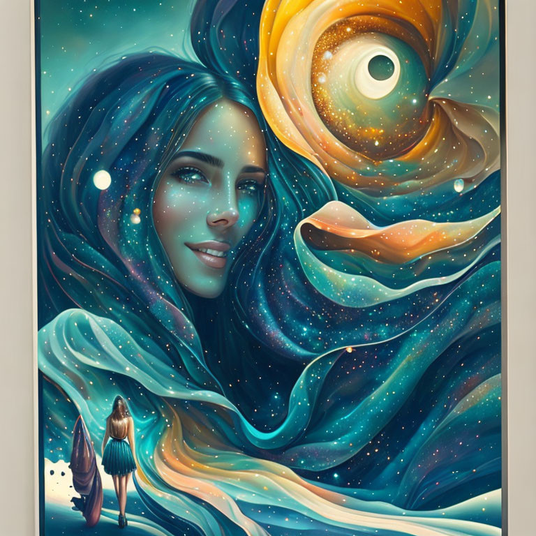 Surreal artwork: Woman with cosmic hair and galaxy swirls, smaller figure in awe