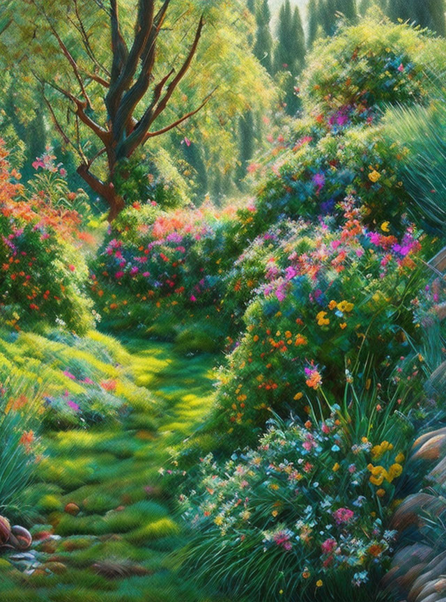 Colorful Flowers and Greenery in Sunlit Garden