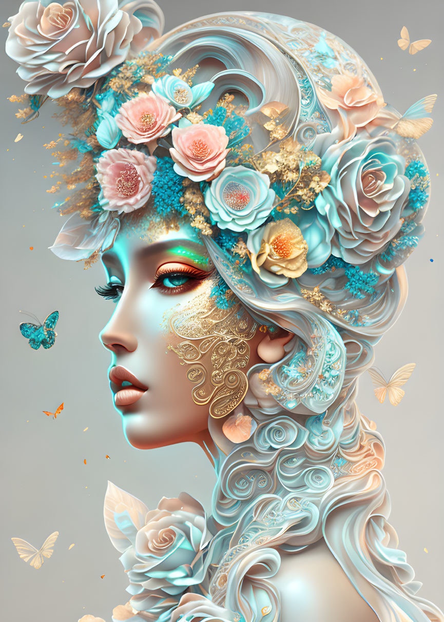Woman with floral hair embellishments and butterflies in serene fantasy portrait