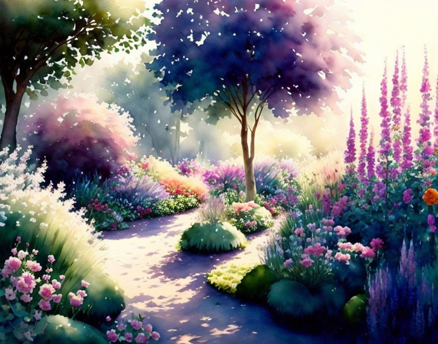 Lush garden path with pink, purple, and green flowers and trees