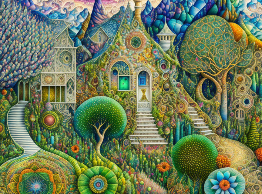 Colorful Whimsical Landscape with Mosaic-Like Houses and Stylized Trees