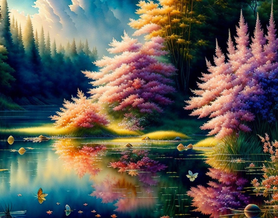 Colorful painting of serene lake with blooming trees and butterflies