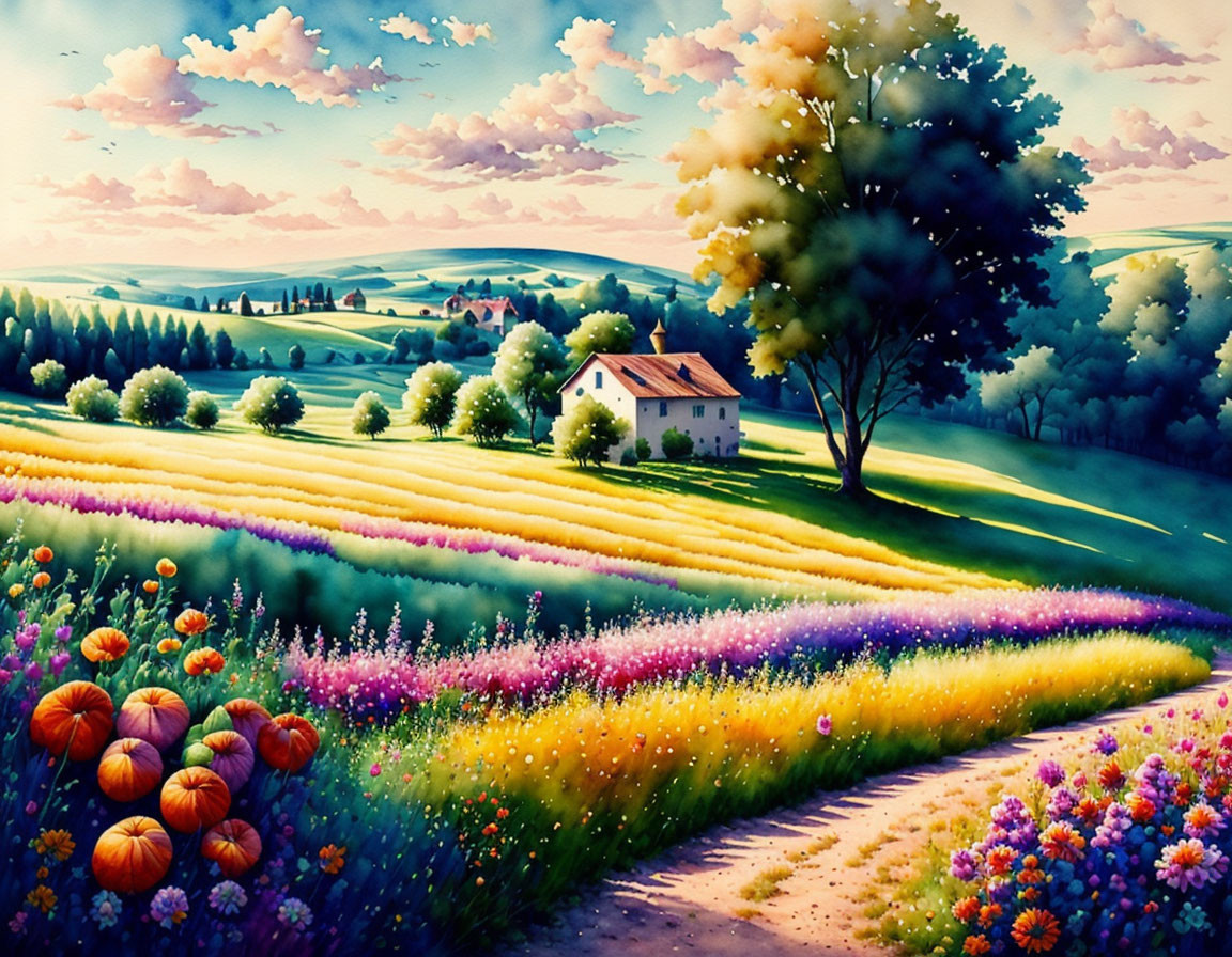 Colorful Landscape Painting: Cottage, Fields, Hills & Sky