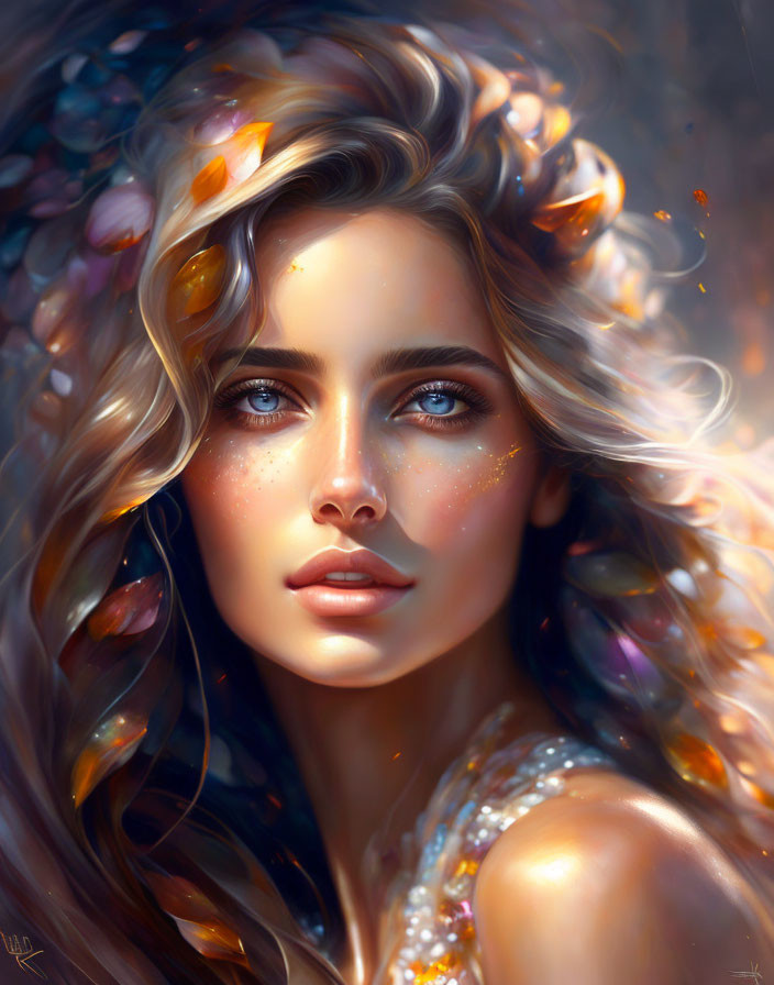 Digital portrait featuring woman with autumn leaves in hair and shimmering skin.