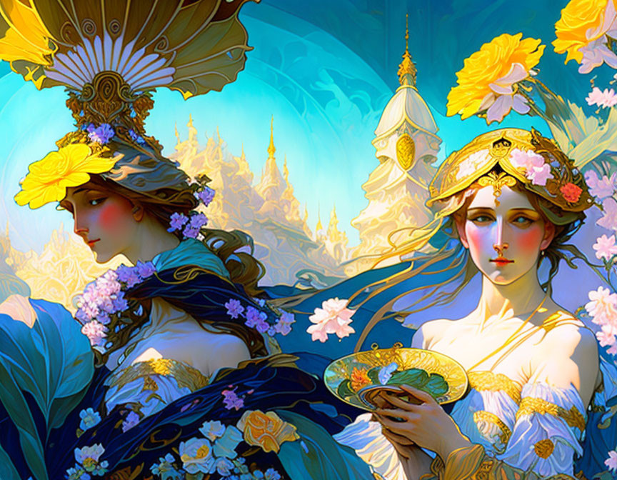 Stylized female figures with elaborate headdresses and golden cityscape in the background.