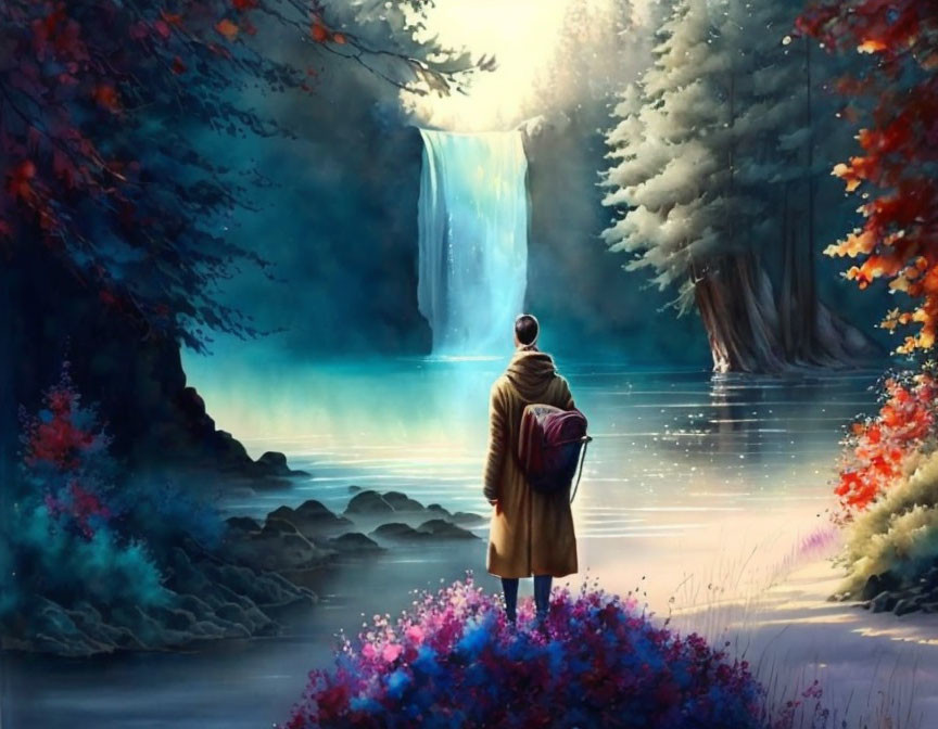 Person in Yellow Coat Contemplating Waterfall at Serene Autumn Lake