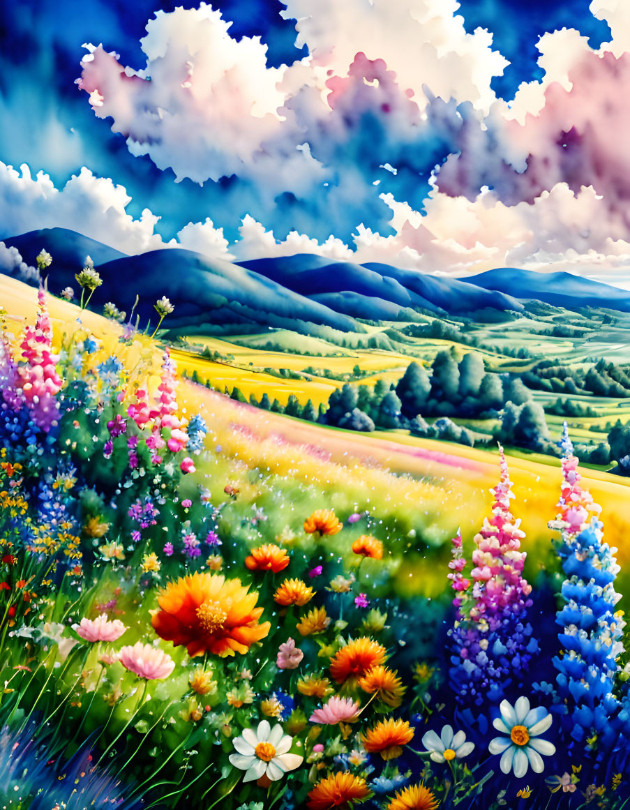 Colorful Wildflowers Against Green Hills and Pink-Tinged Sky