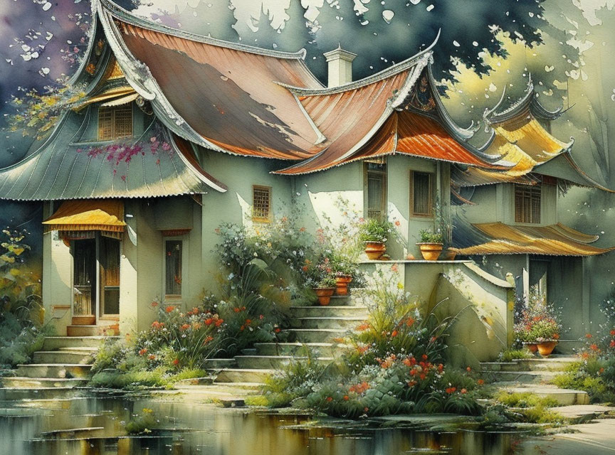 Asian-style House with Sweeping Roofs in Lush Garden by Pond